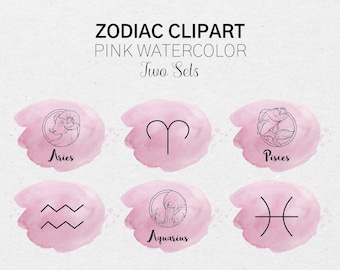 Zodiac Clipart, Two Sets, Pink Watercolor, Transparent Background, PNG, Horoscope, Astrology, Witch, Celestial, Magic, Instagram Stickers
