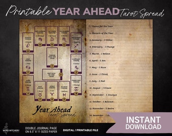 Year Ahead Tarot Spread - Printable Grimoire Pages, Book of Shadow Pages, Art Junk Journal, Digital Grimoire, Witch, Collage, New Year