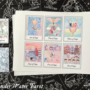May include: A set of six tarot cards featuring illustrations of cups. The cards are labeled Ace of Cups, Two of Cups, Three of Cups, Four of Cups, Five of Cups, and Six of Cups. The cards are part of the Wonder Water Tarot deck.