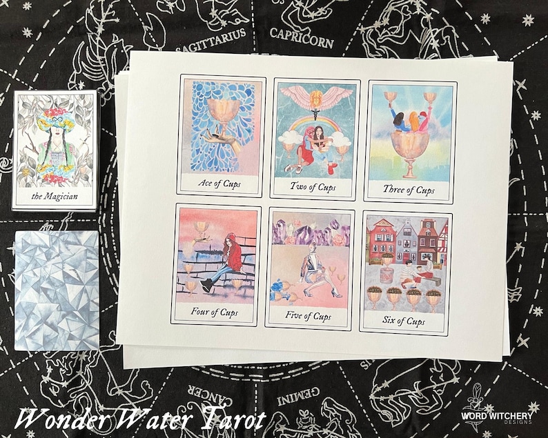 May include: A set of six tarot cards featuring illustrations of cups. The cards are labeled Ace of Cups, Two of Cups, Three of Cups, Four of Cups, Five of Cups, and Six of Cups. The cards are part of the Wonder Water Tarot deck.