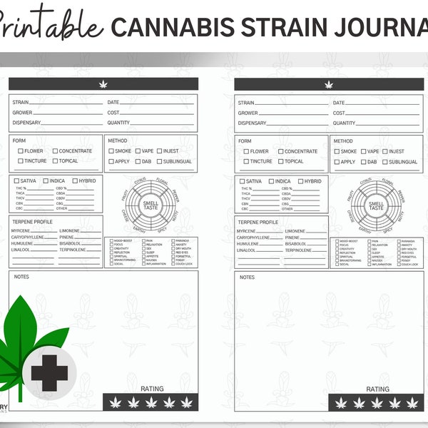 Cannabis Strain Journal, Printable, Medical Marijuana, Digital Download, Weed Planner, Vape, Tracker, Log, THC, CBD