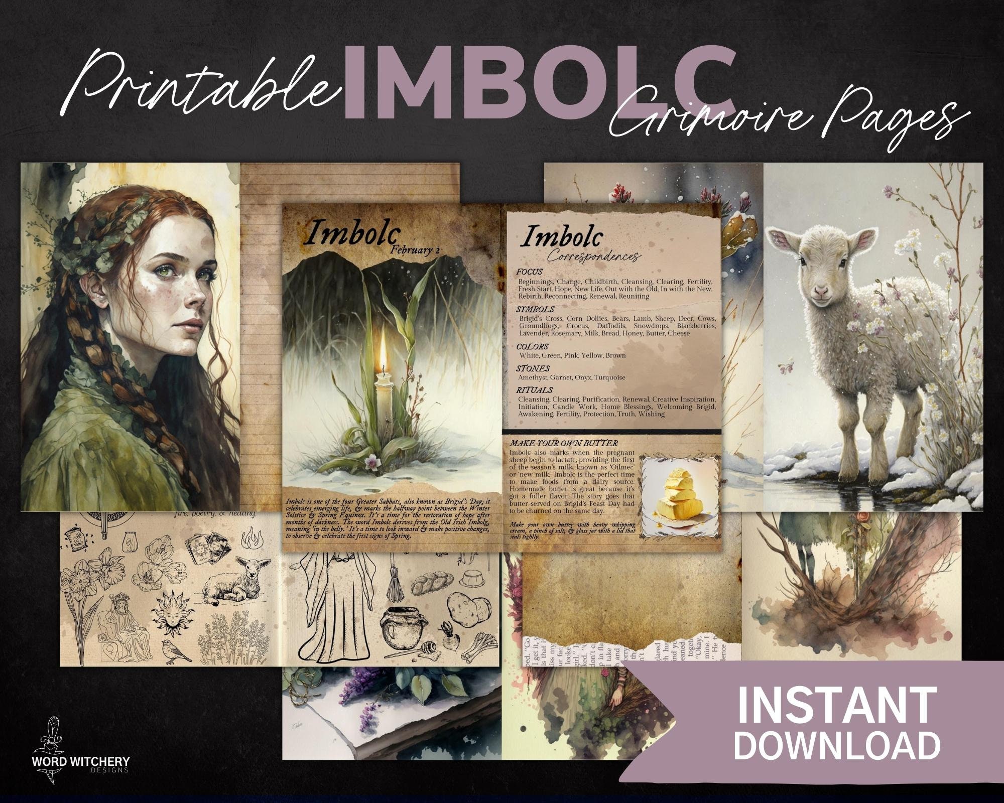 Imbolc Grimoire Kit - Druckbare Grimoire Seiten, Buch der Schatten Seiten, Art Junk Journal, Digital BOS, Hexe, Collage, Ephemera, Scrapbook