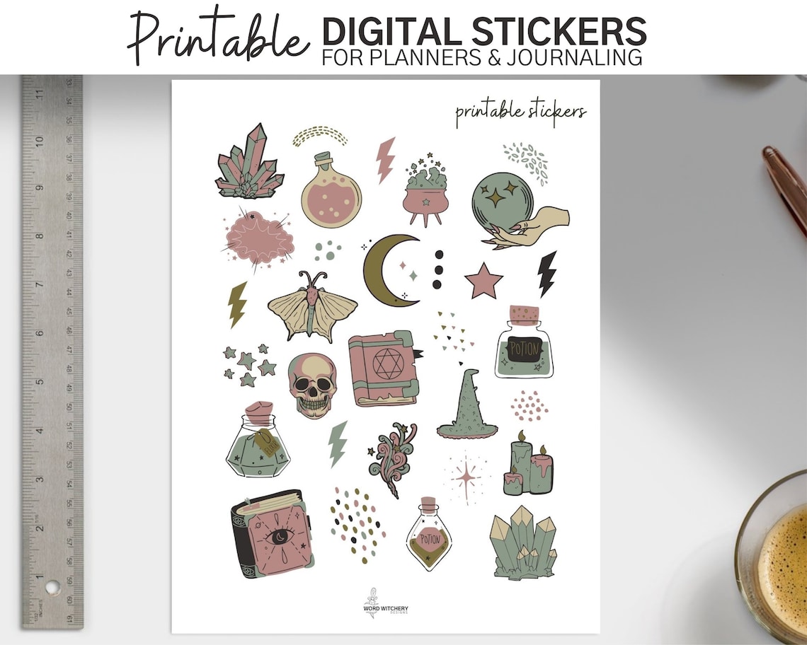Witchy Printable Planner Stickers Bullet Journal Art | Etsy
