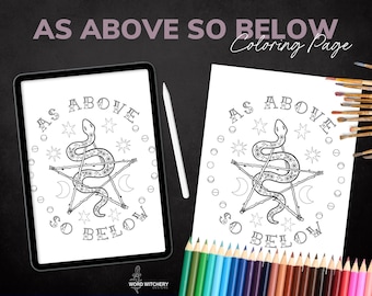 Wie Oben So Unten Schlange Pentagramm Malseite - Digital Download - Malseite für Erwachsene, moderne Hexerei, Buch der Schatten