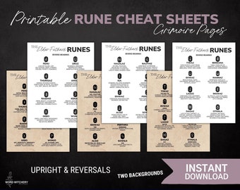Rune Cheat Sheets - Printable Grimoire Pages, Book of Shadow Pages, Witchcraft, Rune Meanings, Upright, Reversals, Digital Grimoire
