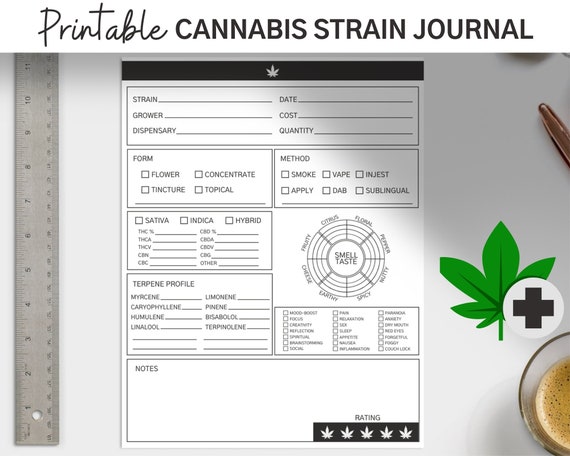 Cannabis Strain Journal, Printable, Medical Marijuana, Digital Download, Weed Planner, Vape, Tracker, Log, THC, CBD