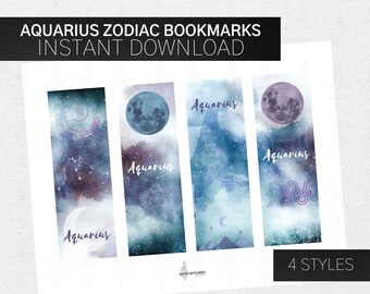 Aquarius Zodiac Bookmarks, Instant Download, Printable, Astrology Horoscope Watercolor Moon Constellations Birthday Gift Stocking Stuffer