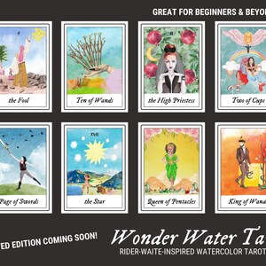 May include: A watercolor tarot deck with illustrations of the Fool, Ten of Wands, High Priestess, Two of Cups, Page of Swords, the Star, Queen of Pentacles, and King of Wands. The deck is titled "Wonder Water Tarot" and is described as "Rider-Waite-inspired watercolor tarot deck".