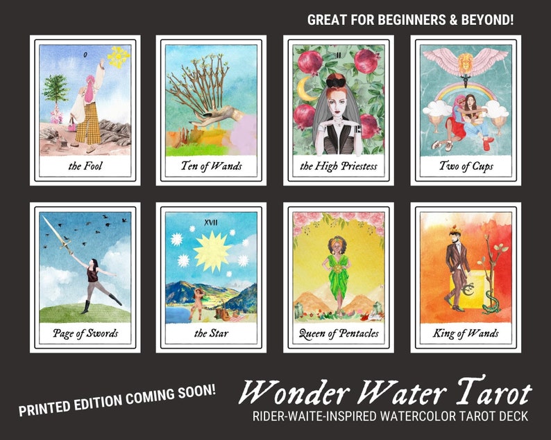 May include: A watercolor tarot deck with illustrations of the Fool, Ten of Wands, High Priestess, Two of Cups, Page of Swords, the Star, Queen of Pentacles, and King of Wands. The deck is titled "Wonder Water Tarot" and is described as "Rider-Waite-inspired watercolor tarot deck".