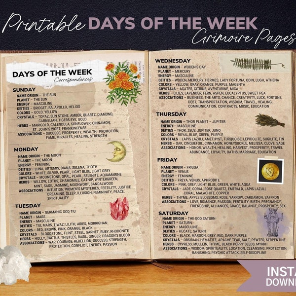 Days of the Week Correspondences - Printable Grimoire Pages, Book of Shadow Pages, Witchcraft, Digital Grimoire, Weekdays Associations