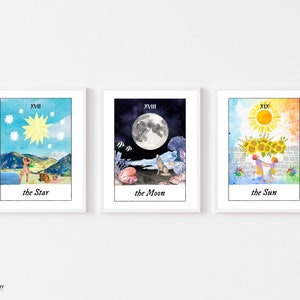 A estrela, a lua, o sol - Conjunto de impressão artística para impressão - Impressões artísticas de cartas de tarô - Arte de parede de tarô - Bruxa - Arte de bruxa - Cartas de tarô em aquarela