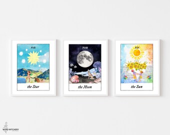 Der Stern, der Mond, die Sonne - Printable Art Print Set - Tarot Karte Kunstdrucke - Tarot Wandkunst - Witchy - Hexenkunst - Aquarell Tarot Karten