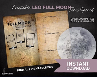 Löwe Vollmond Tarot - Druckbare Grimoire Seiten, Buch der Schatten Seiten, Art Junk Journal, Digitales Grimoire, Hexe, Collage, BOS