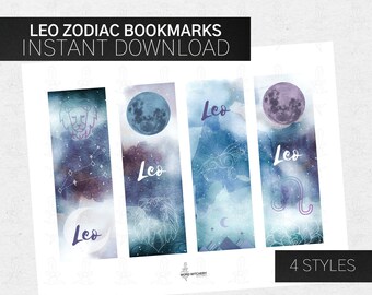 Leo Zodiac Bookmarks, Instant Download, Printable, Astrology Horoscope, Watercolor, Moon, Constellations, Birthday Gift, Stocking Stuffer