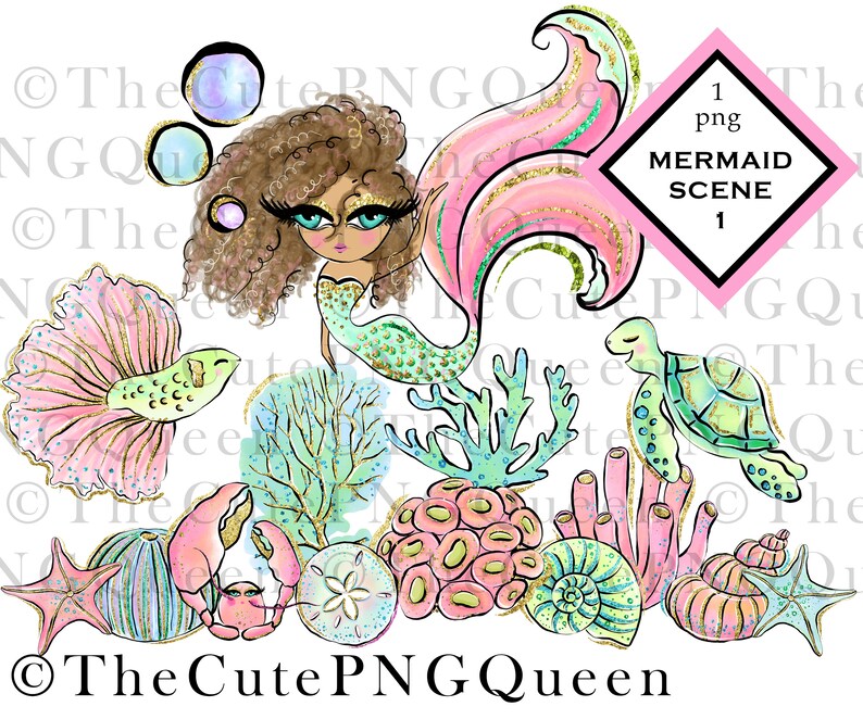 Mermaid Scene Mermaid Clipart Printable Mermaid PNG Instant Download 