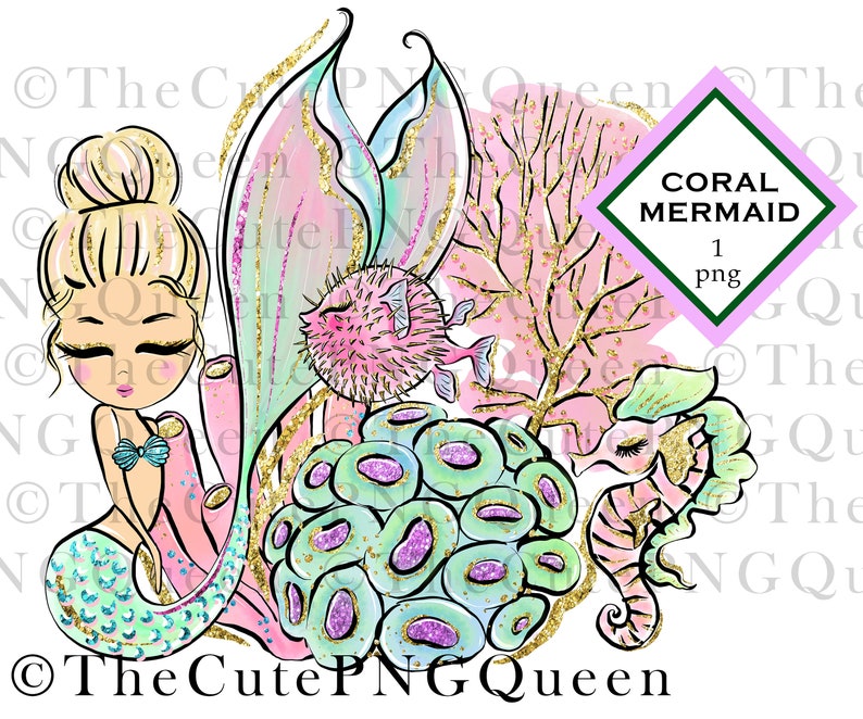 seahorse PNG puffer fish coral Digital Art Cute Blonde Mermaid Sublimation Design Mermaid clipart Instant Download Printable Mermaid