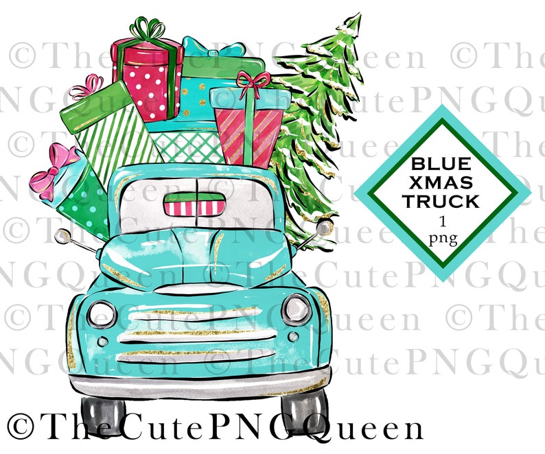 Sublimation PNG Watercolor blue truck Digital Download Xmas tree sublimation Truck with Xmas tree Christmas Truck Instant Download