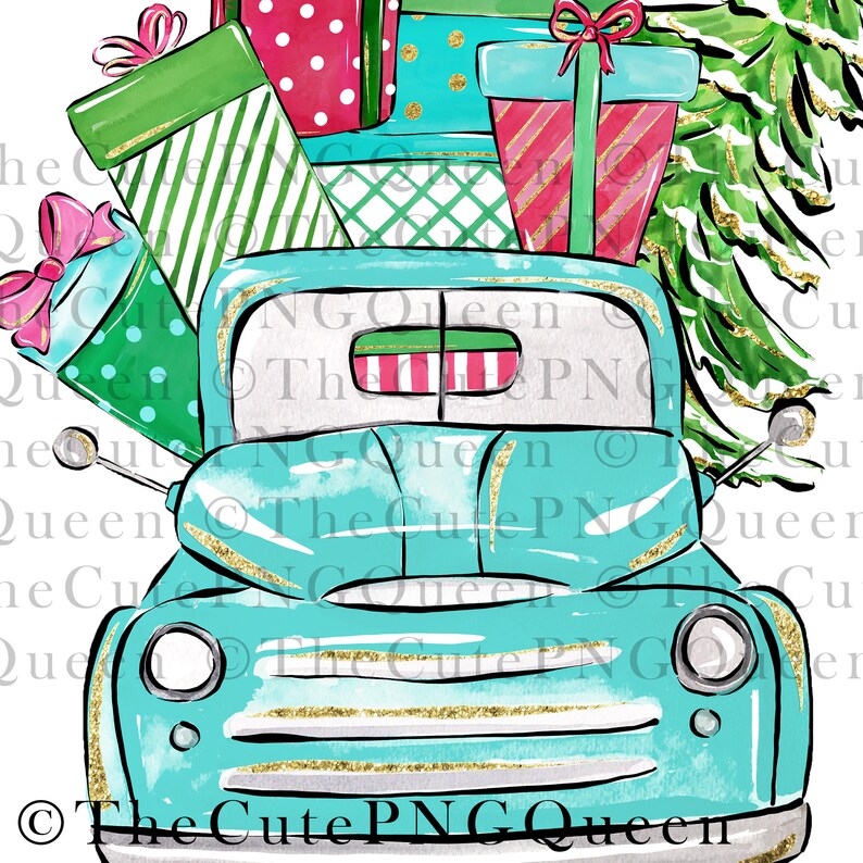 Sublimation PNG Watercolor blue truck Digital Download Xmas tree sublimation Truck with Xmas tree Christmas Truck Instant Download