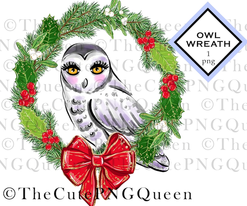 cute Xmas wreath Christmas winter bird Xmas decor holly wreath Wreath with Owl Sublimation file png printable transfer Xmas design