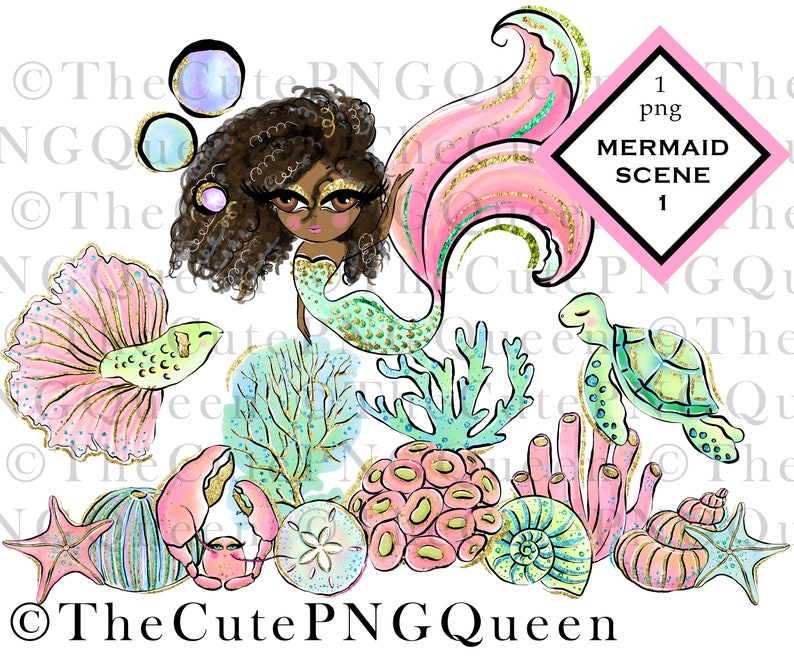 Download Png Digital Art Printable Mermaid Clipart Cute African American Mermaid Sublimation Design Turtle Instant Download Mermaid Scene Clip Art Art Collectibles