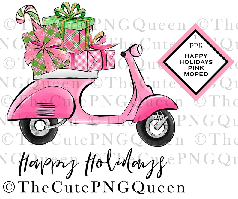 Cute Pink Christmas Moped Sublimation File Happy Holidays Xmas moped Christmas scooter cricut pink christmas gifts png pink scooter