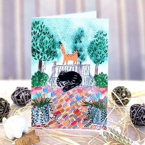 Carte d'anniversaire verticale chats orange et noirs dans un parc/ carte de voeux/ carte vierge/ carte pliante/ carte 4 x 6 po./ cartes d'anniversaire/ art de chat
