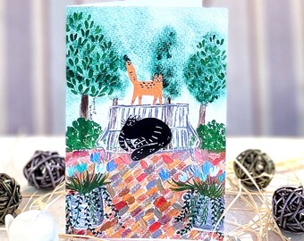 Vertical birthday card orange and black cats in park/ greeting card/ blank card/ folding card/ card 4x6"/ anniversary cards/ cat art