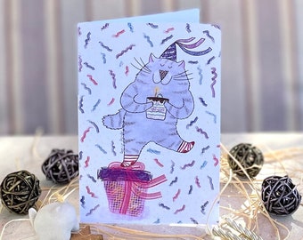 Vertical birthday card cat in birthday hat with cake on box/ greeting card/ blank card/ folding card/ card 4x6"/ anniversary cards/ cat art