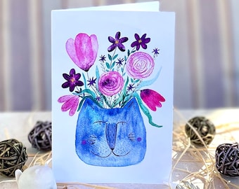 Vase vertical de chat de carte d’anniversaire avec des fleurs/ carte de voeux/ carte blanche/ carte pliante/ carte 4x6"/ cartes d’anniversaire