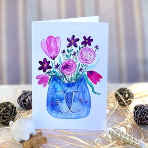 Vase chat vertical avec fleurs/carte de voeux/carte vierge/carte pliante/carte 4 x 6"/cartes d'anniversaire