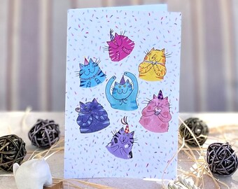 Vertical birthday card cats in birthday hats and confetti/ greeting card/ blank card/ folding card/ card 4x6"/ anniversary cards/ cat art