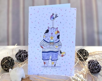 Vertical birthday card cat and bird with cake/ greeting card/ blank card/ folding card/ card 4x6"/ anniversary cards/ cat art