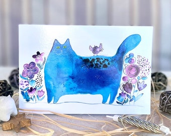 Horizontal birthday card cat with flowers/ greeting card/ blank card/ folding card/ card 4x6"/ anniversary cards/ cat art