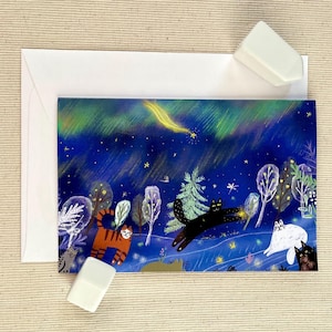 Carte de voeux Magical Night Cats - 10 x 20 cm (4 x 8 po.) - Chats espiègles sous un ciel étoilé avec aurores boréales - Vierge à l'intérieur, parfaite pour toutes les occasions