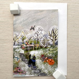 Cartão de felicitações de Natal Festive Greenhouse Cats (4"x6") com envelope - Cena aconchegante de inverno, em branco por dentro para felicitações de Natal