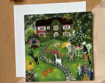 Square card cats in front yard/ greeting card/ blank card/ folding card/ square card 5x5"/ cards for any occasion/ Autumn garden cat card