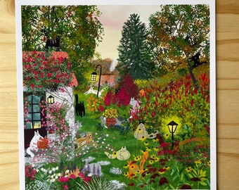 Cat art print: Cats in garden with flowers, sunset and shed illustration