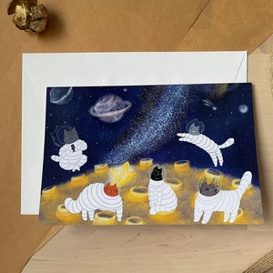 Gatos en el espacio/tarjeta de felicitación/tarjeta en blanco/tarjeta plegable/tarjeta horizontal de 4 x 6"/tarjetas para cualquier ocasión