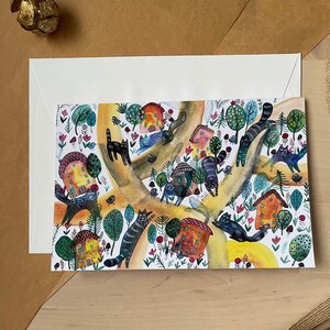 Maisons et chats/carte de voeux/carte vierge/carte pliante/carte horizontale 4 x 6"/cartes pour toutes les occasions