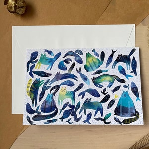 Chats et poissons/ carte de voeux/ carte vierge/ carte pliante/ carte horizontale 4 x 6 po./ cartes pour toutes les occasions