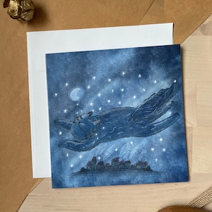 Gato volando sobre una ciudad / tarjeta de felicitación / tarjeta en blanco / tarjeta plegable / tarjeta cuadrada de 5 x 5 " / tarjetas para cualquier ocasión