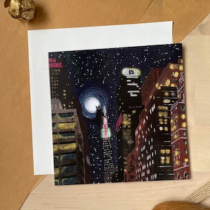Carte carrée Cat Kong à New York/ carte de voeux/ carte vierge/ carte pliante/ carte carrée 5 x 5 po./ cartes pour toutes les occasions/ carte chat jardin d'automne
