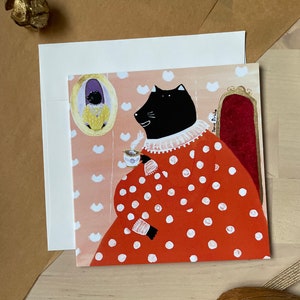 Grand-mère chat noir buvant du thé/ carte de voeux/ carte vierge/ carte pliante/ carte carrée 5 x 5 po./ cartes pour toutes les occasions