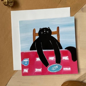 Chat noir à table/ carte de voeux/ carte vierge/ carte pliante/ carte carrée 5 x 5 po./ cartes pour toutes les occasions