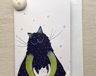 Heartwarming Hug Cats Greeting Card (4"x6") with Envelope - Cozy and Whimsical, Blank Inside for Personalized Messages