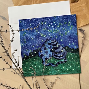 Cat couple and fireflies / Greeting card 5"x5"/ Card with an envelope/ Valentine's Card/ Folding card/ Greeting card/ Cat lover gift