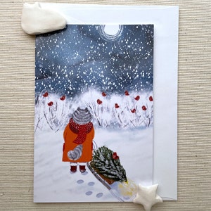 Carte de voeux Promenade hivernale avec arbre de Noël (4 x 6 pouces) avec enveloppe - Scène enneigée confortable, intérieur vierge pour des voeux personnalisés