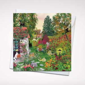 Square card cats in a fall garden/ greeting card/ blank card/ folding card/ square card 5x5"/ cards for any occasion/ Autumn garden cat card