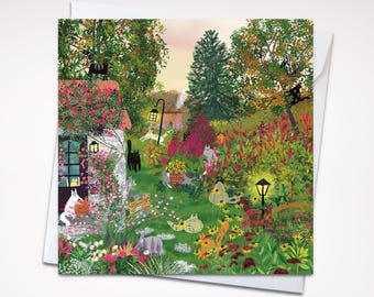 Square card cats in a fall garden/ greeting card/ blank card/ folding card/ square card 5x5"/ cards for any occasion/ Autumn garden cat card