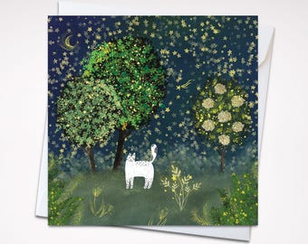 Starry Night Whiskers: A Celestial Feline Adventure - Enchanting Cat Under the Stars Greeting Card, 5x5" (12.7x12.7 cm)